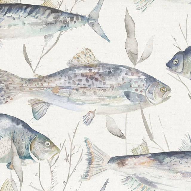 Watercolour fish print on ivory cotton fabric with soft grey and blue-green tones