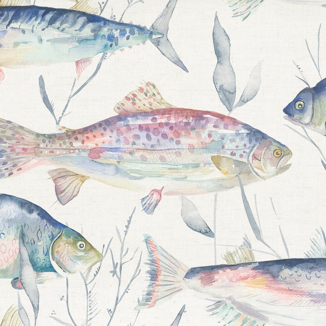 Watercolour fish print in blush, aqua and blue on an ivory cotton ground