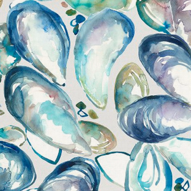 Watercolour shell motif in soft blue, aqua and lilac on pale ground