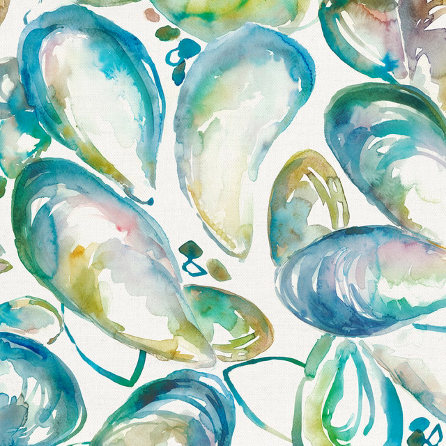 Watercolour shell motif in sea-glass green, aqua and blue on white cotton