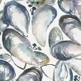 Painterly grey and sea-glass shell motifs on an ivory cotton fabric swatch.