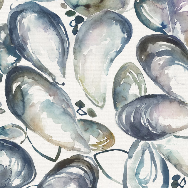 Painterly grey and sea-glass shell motifs on an ivory cotton fabric swatch.
