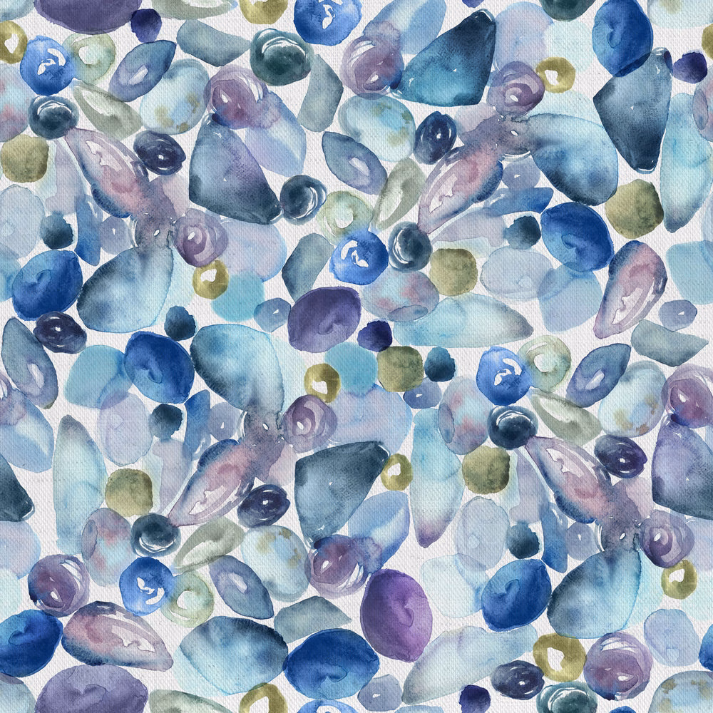 Watercolour-style pebble motif in cool blues, lilac and sea-glass green