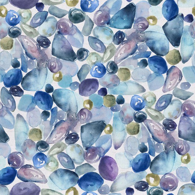 Watercolour-style pebble motif in cool blues, lilac and sea-glass green