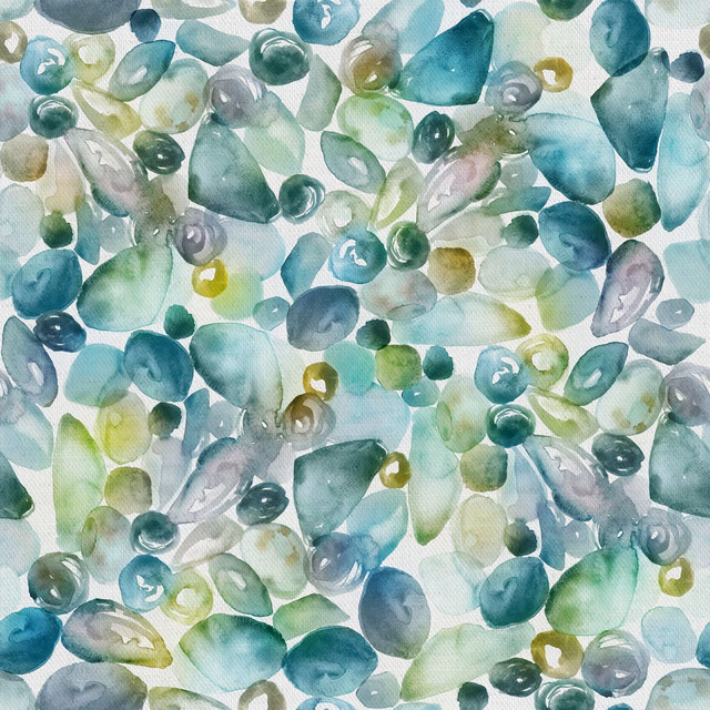 Watercolour pebble motif in soft green, teal and grey on a white ground