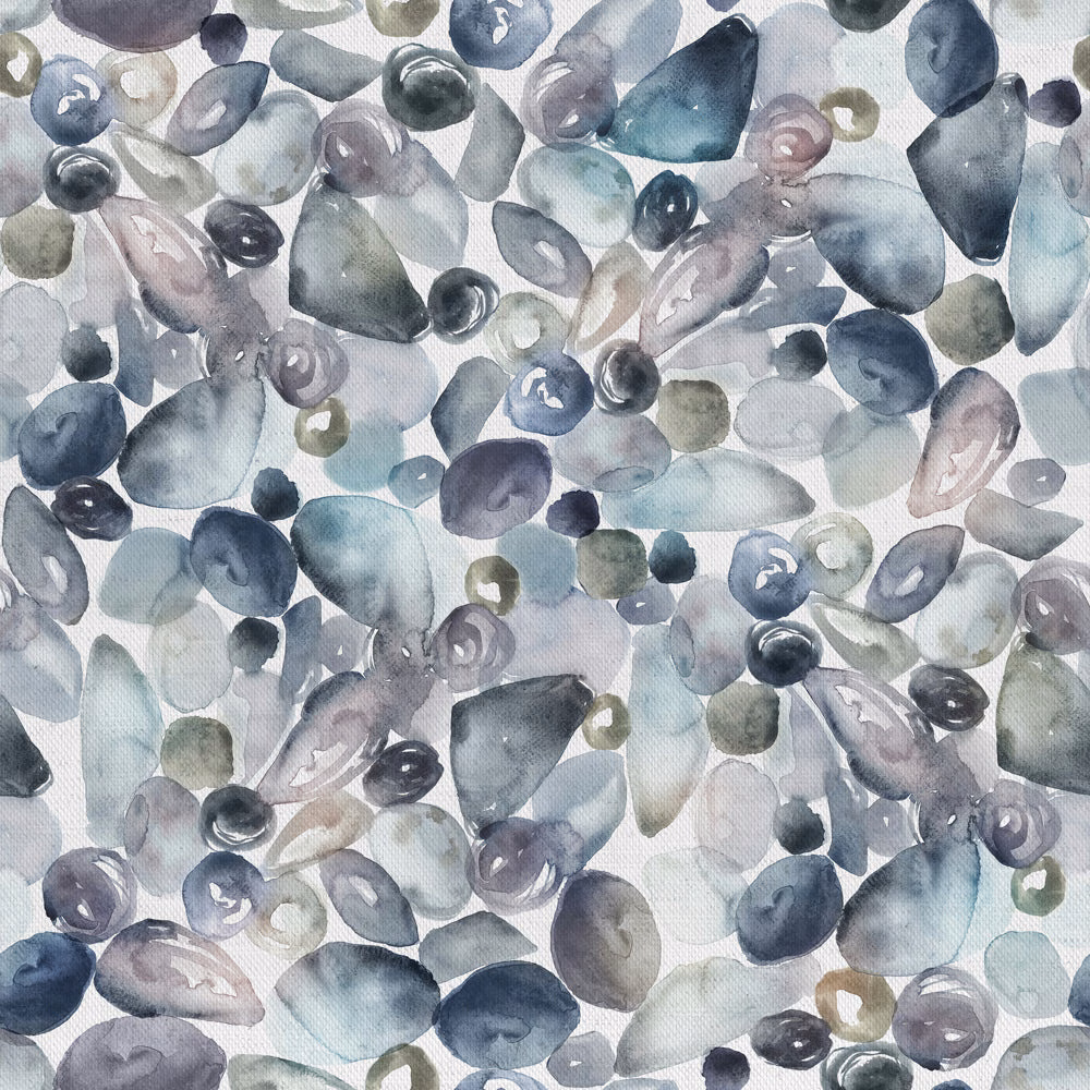 Watercolour pebble scatter in cool grey, blue and taupe on a pale ground