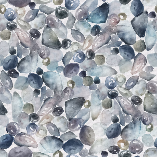 Watercolour pebble scatter in cool grey, blue and taupe on a pale ground