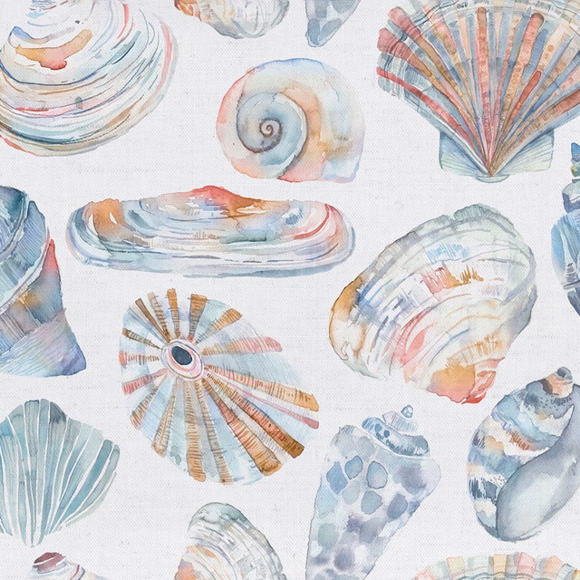 Watercolour seashell print in soft blue, aqua and blush on white cotton
