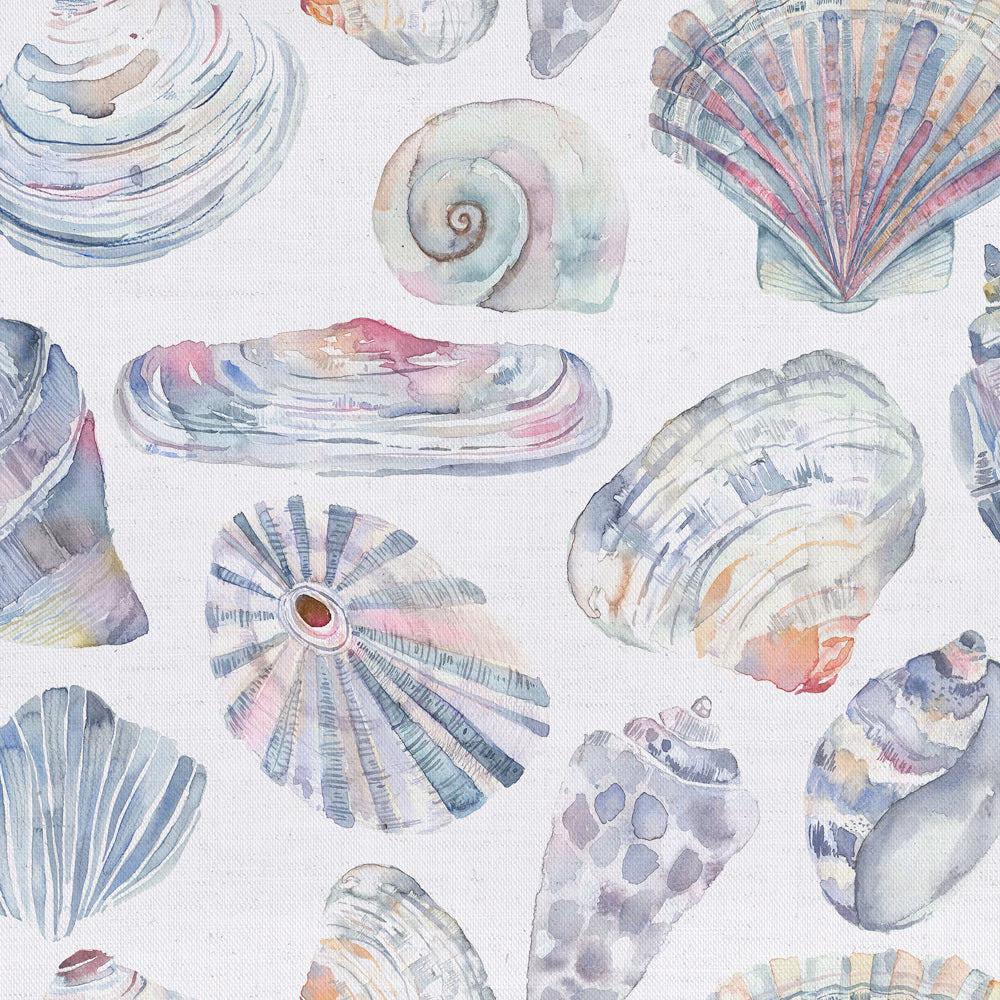 Watercolour shell motif fabric in lilac, blush and pale blue on a white ground