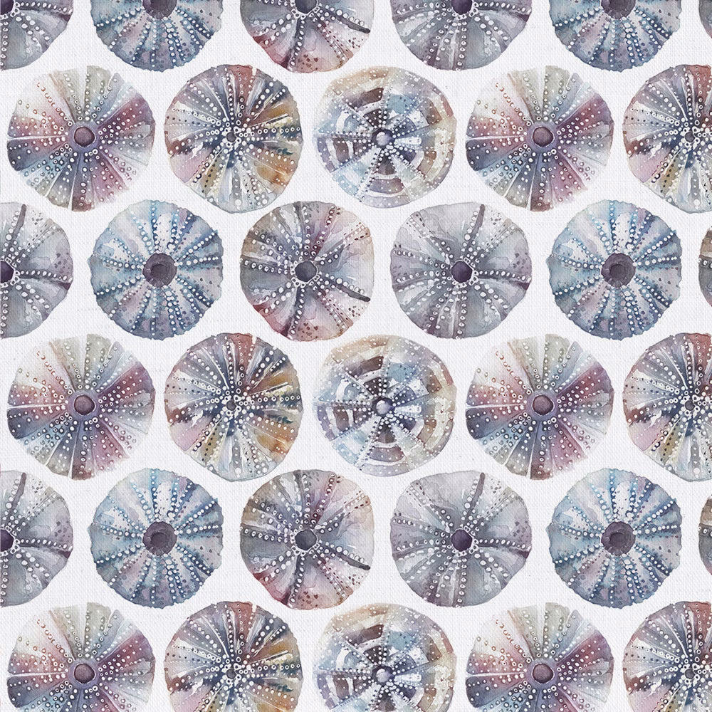 Watercolour sea urchin shell motifs in soft purple, grey and blue on pale cotton