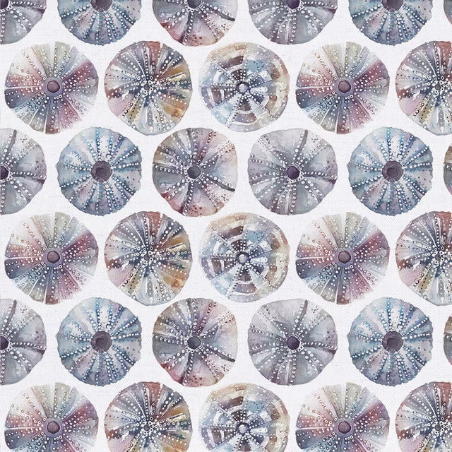Watercolour sea urchin shell motifs in soft purple, grey and blue on pale cotton