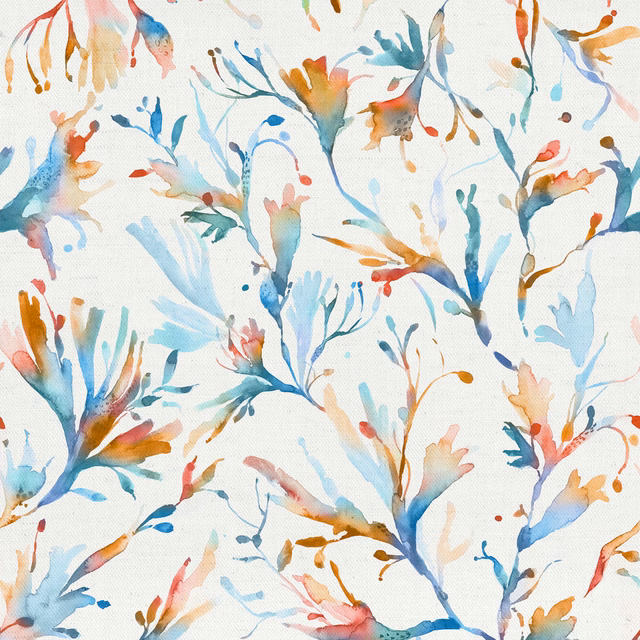 Painterly botanical cotton fabric in sea blue, coral and ochre on ivory ground
