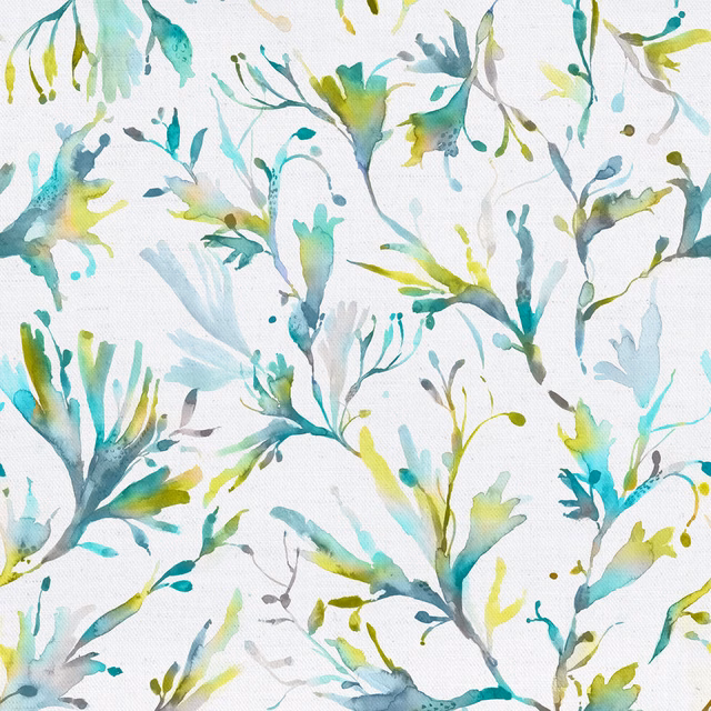 Painterly botanical cotton fabric with seaweed green, aqua and lime leaf sprays on white