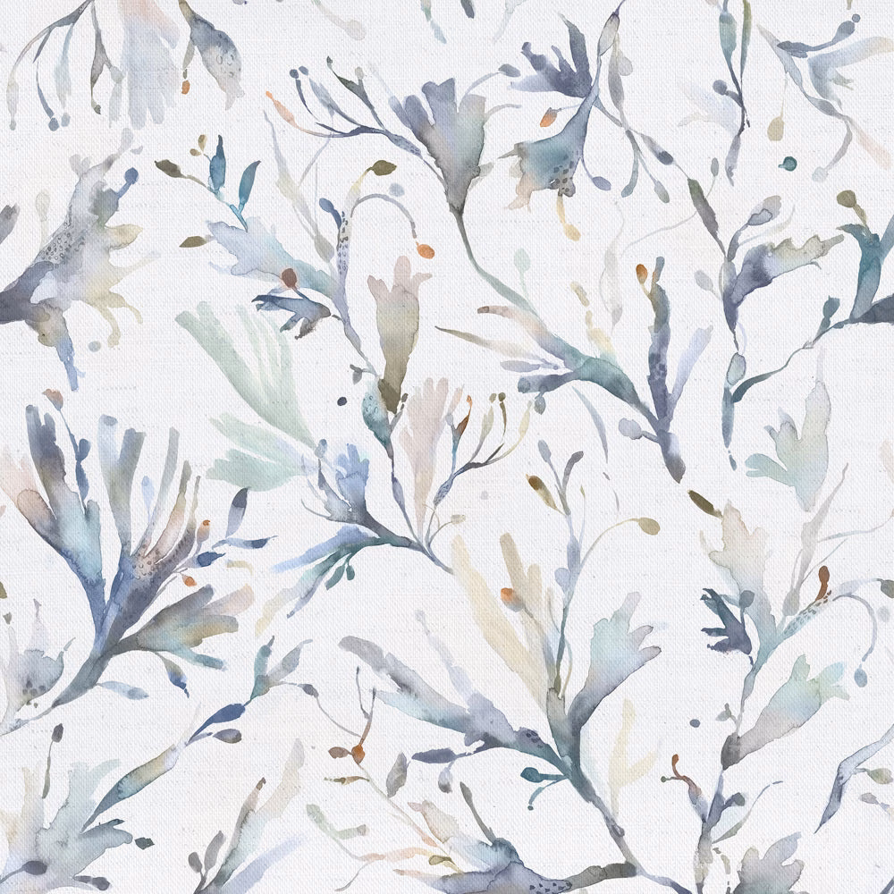 Painterly grey and blue-green botanical leaves on a white cotton fabric