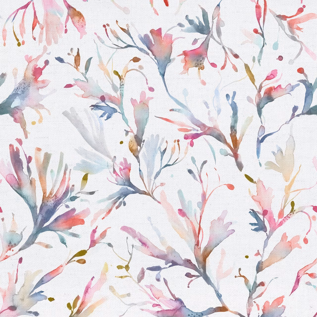 Watercolour botanical cotton fabric with pink, teal and sage leaf motifs on white