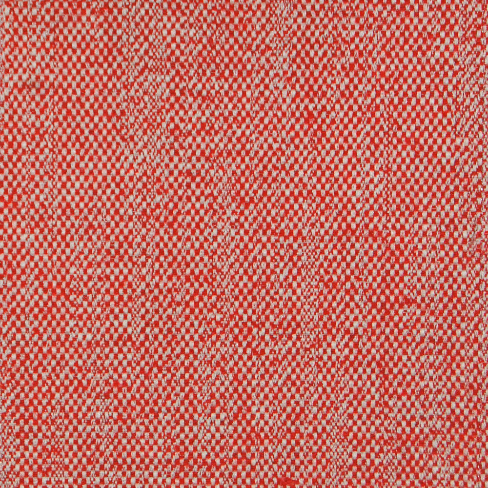 Close-up of bright red woven fabric with tiny cream flecks and textured basket weave