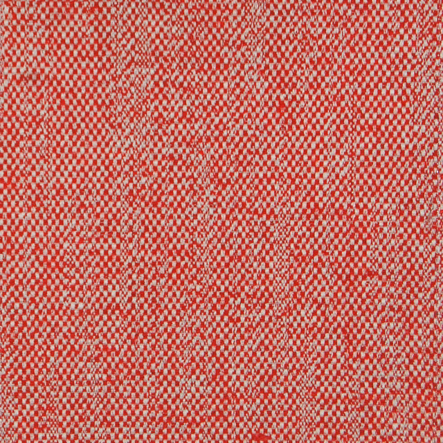 Close-up of bright red woven fabric with tiny cream flecks and textured basket weave