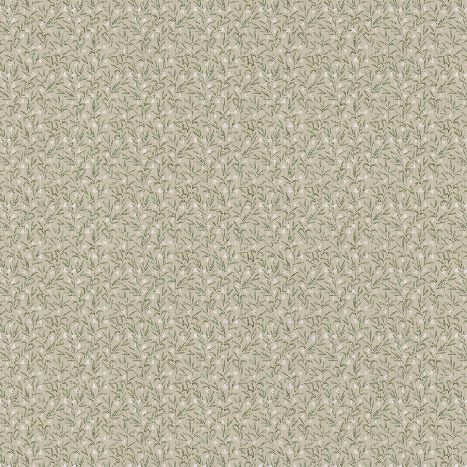 Small sage leaf print on a warm beige woven fabric swatch