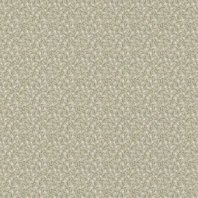 Small sage leaf print on a warm beige woven fabric swatch