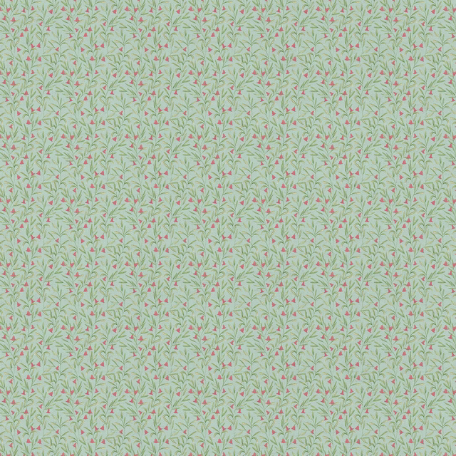 Pale mint green floral fabric with tiny pink leaves and fine leafy stems