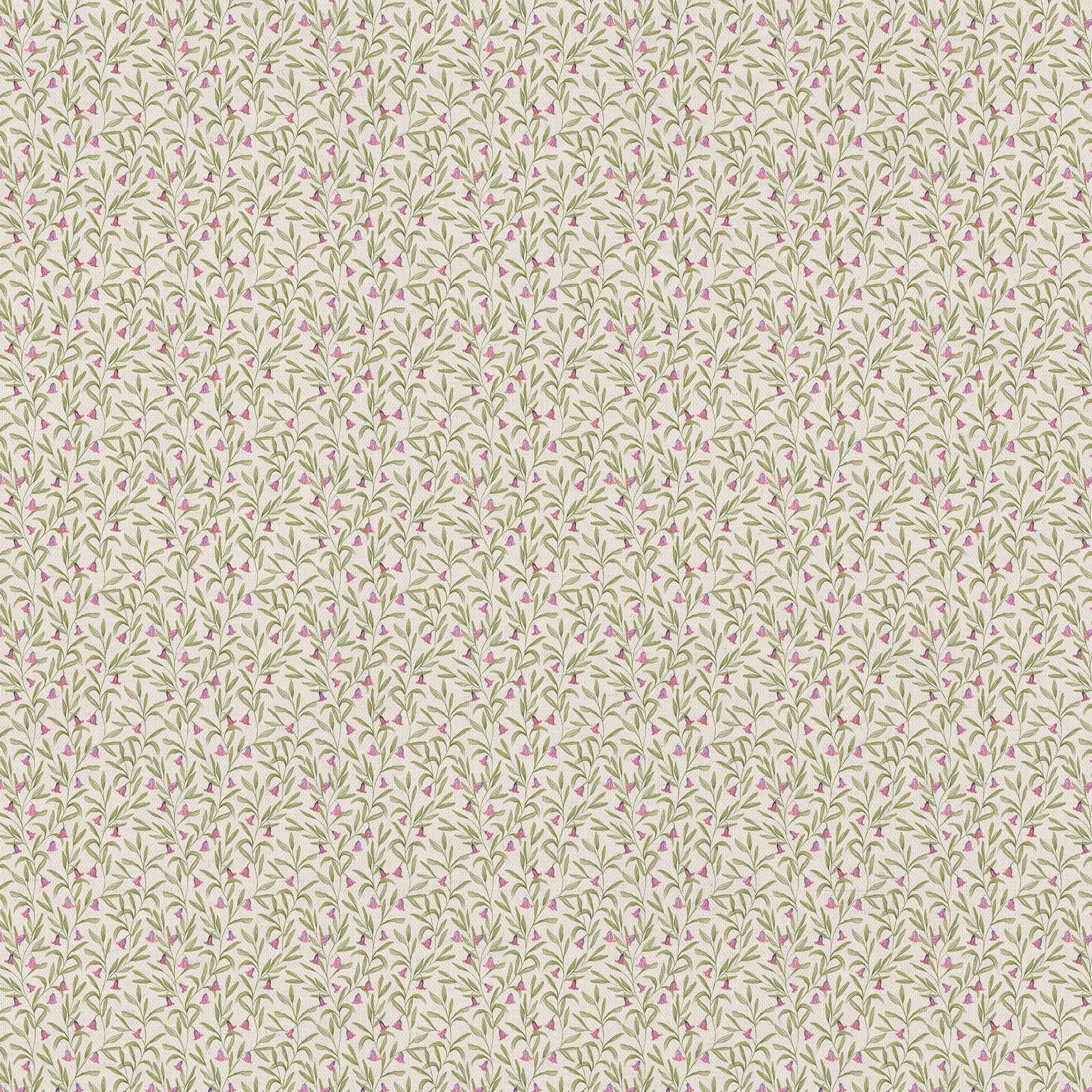 Small pink floral trail on a cream ground with soft green leaves