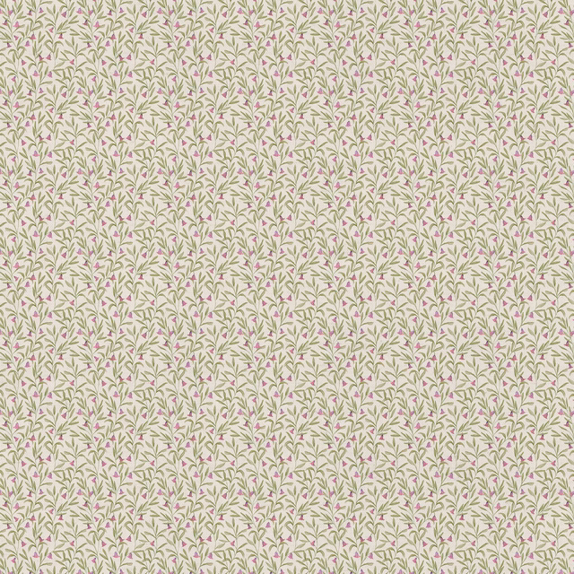 Small pink floral trail on a cream ground with soft green leaves