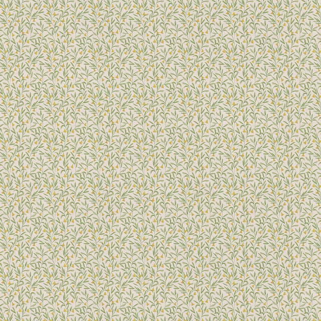 Creamy yellow floral fabric with fine green trailing leaves