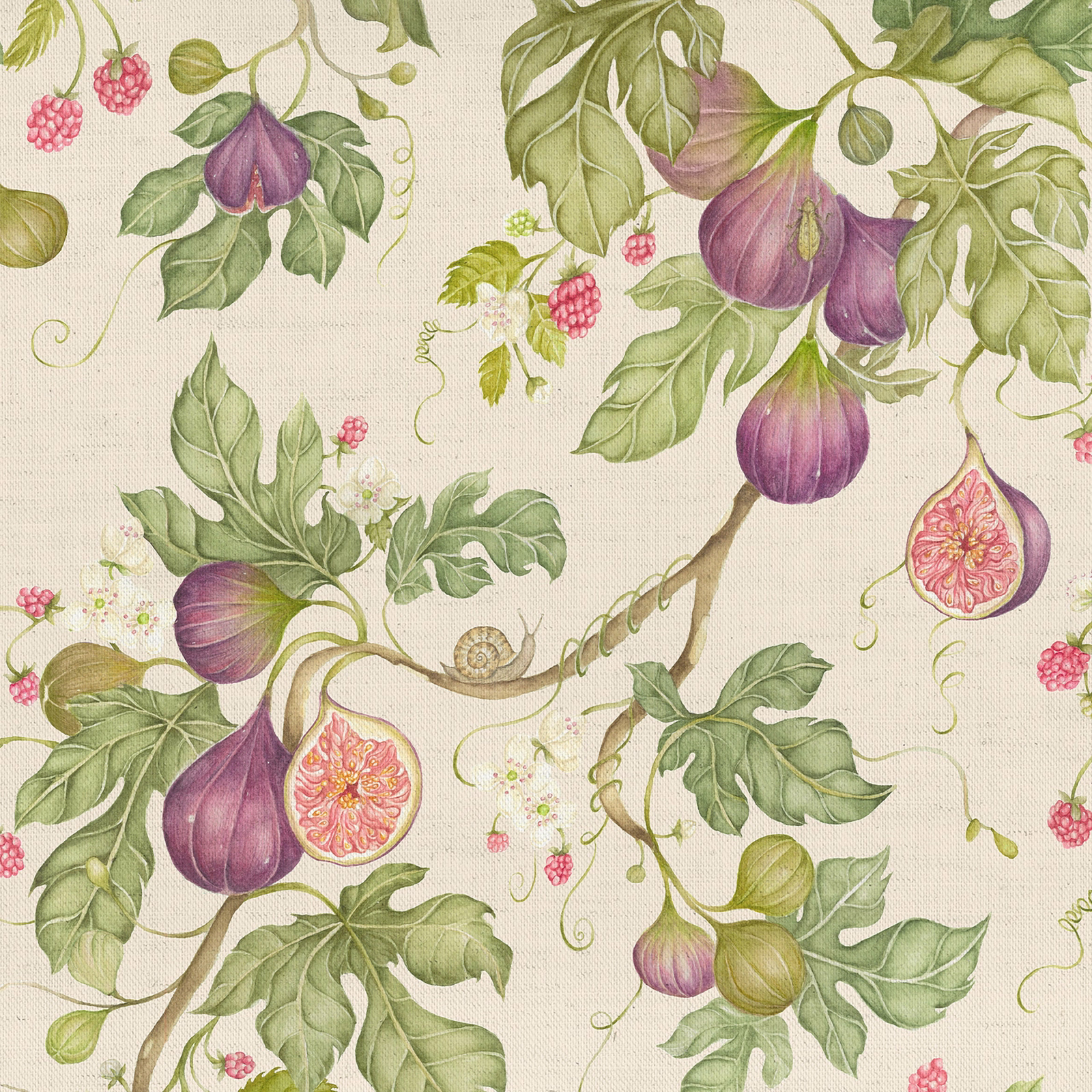 Cream botanical fabric with purple figs, green leaves and trailing vine motifs
