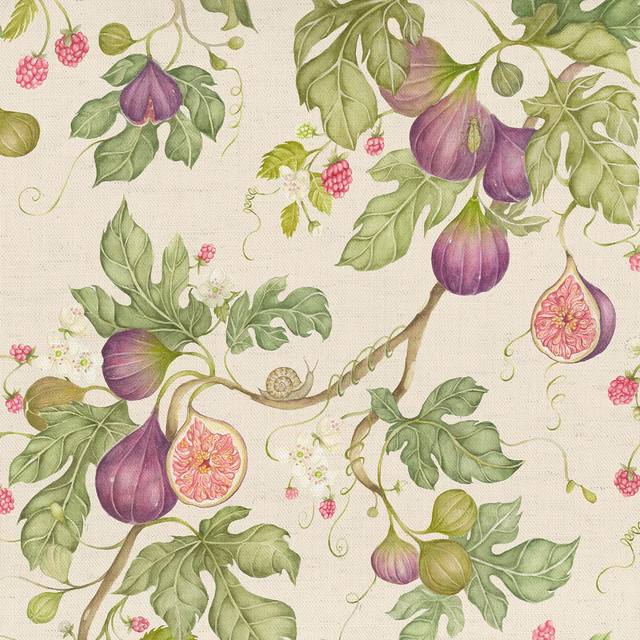 Cream botanical fabric with purple figs, green leaves and trailing vine motifs