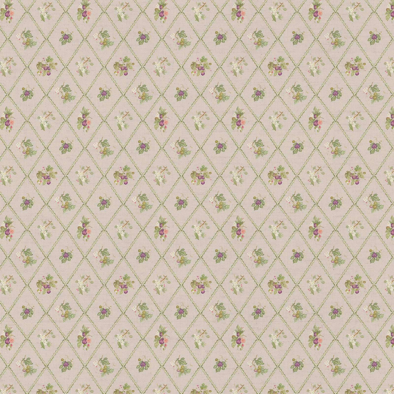 Beige floral trellis fabric with tiny berry sprigs and green diamond lines