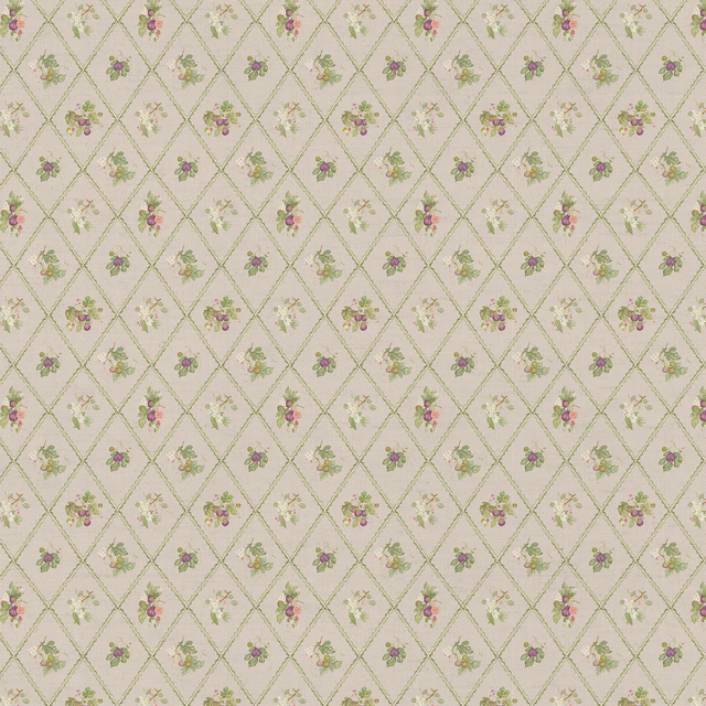 Beige floral trellis fabric with tiny berry sprigs and green diamond lines
