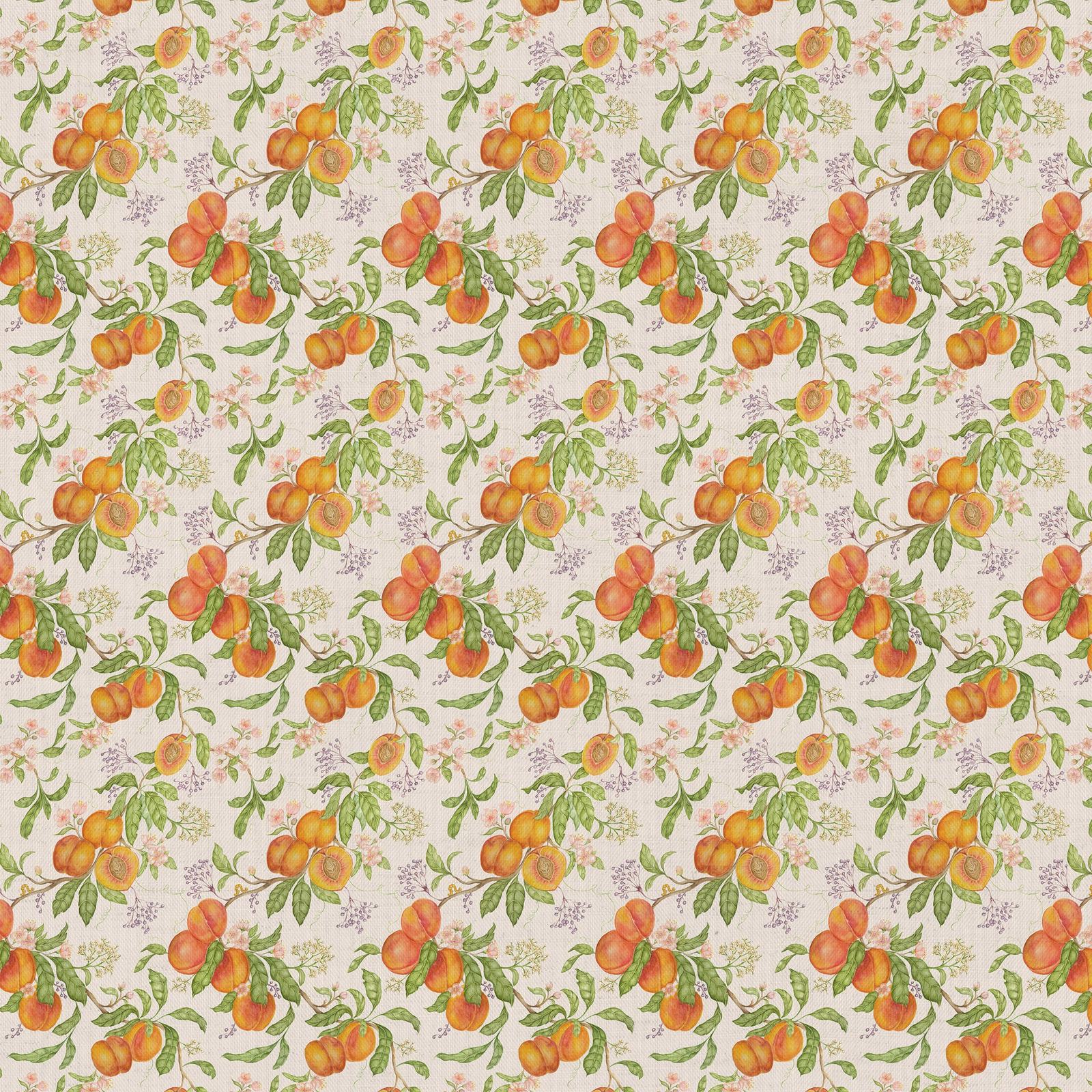 Peach and orange fruit motif with green leaves on a pale ground