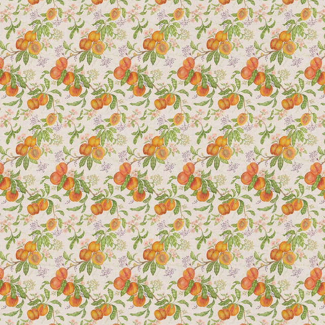 Peach and orange fruit motif with green leaves on a pale ground