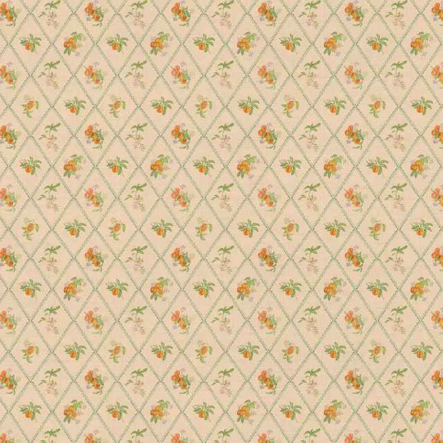 Cream fabric swatch with green diamond trellis and small peach-orange fruit sprigs