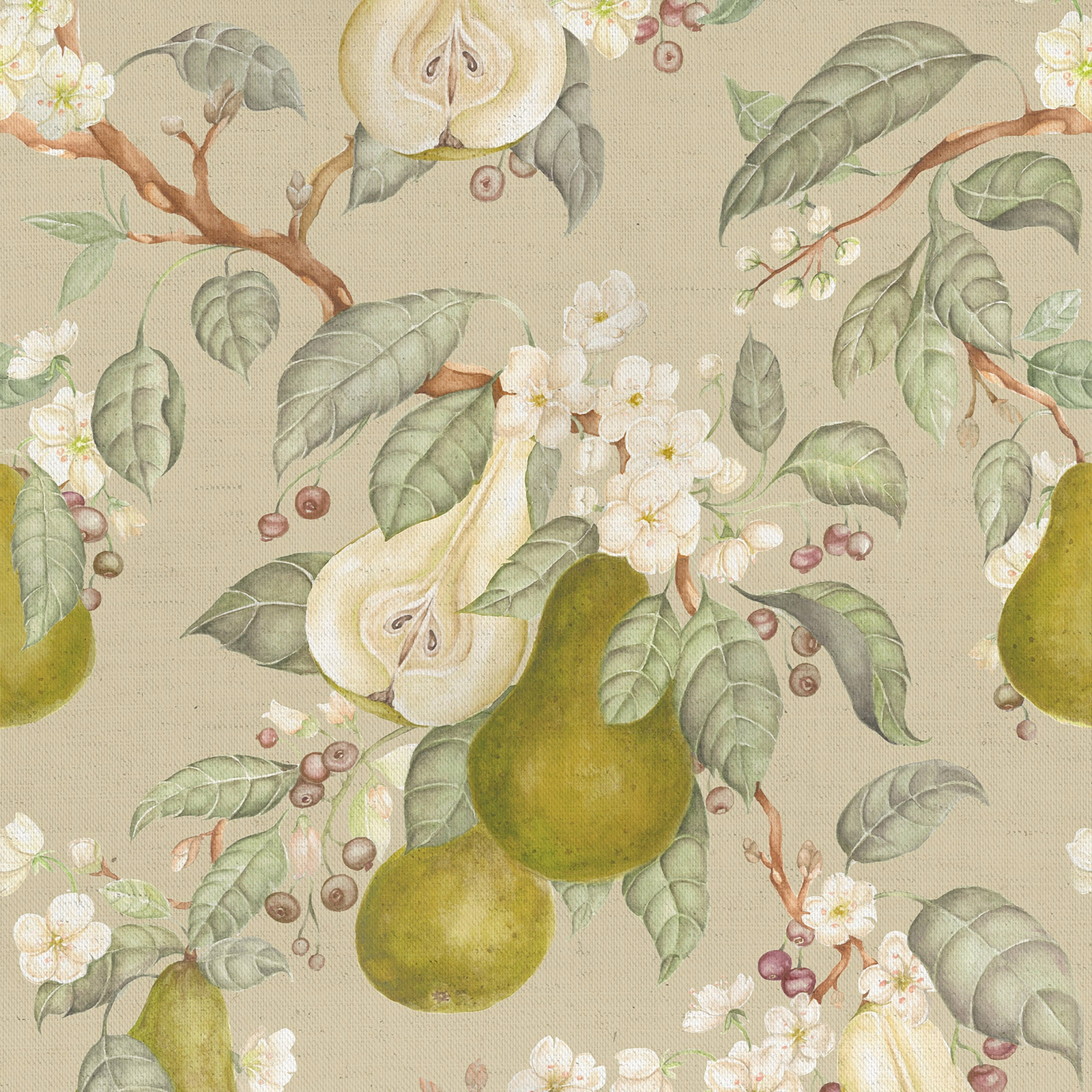 Botanical fabric swatch with pear fruit, sage leaves and blossom on beige ground