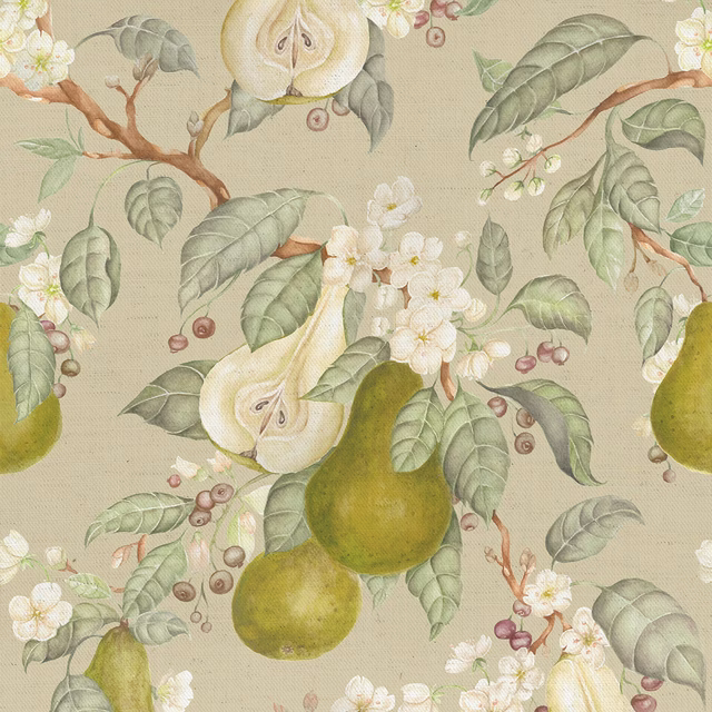 Botanical fabric swatch with pear fruit, sage leaves and blossom on beige ground