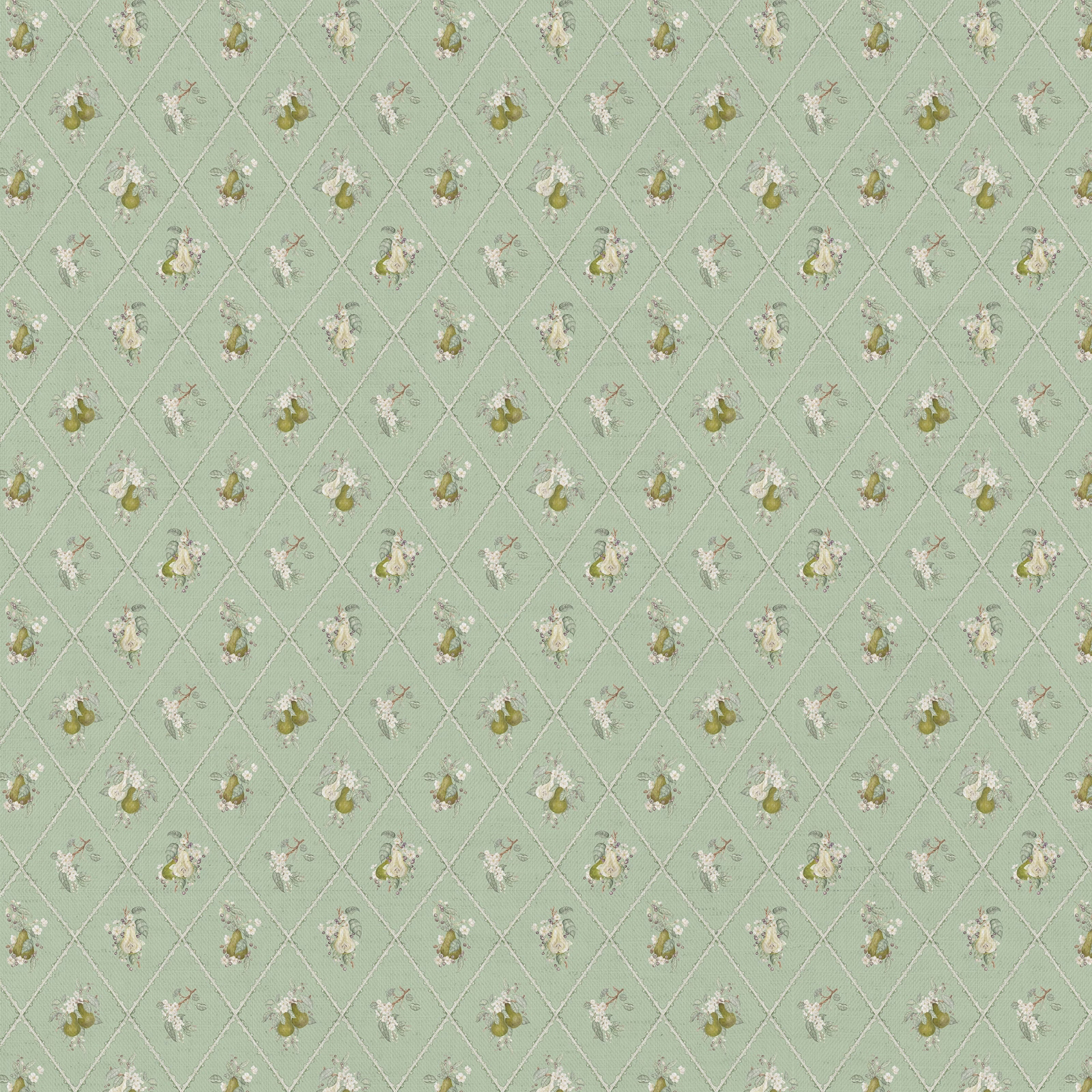Soft sage green patterned fabric with diamond lattice and tiny floral sprigs