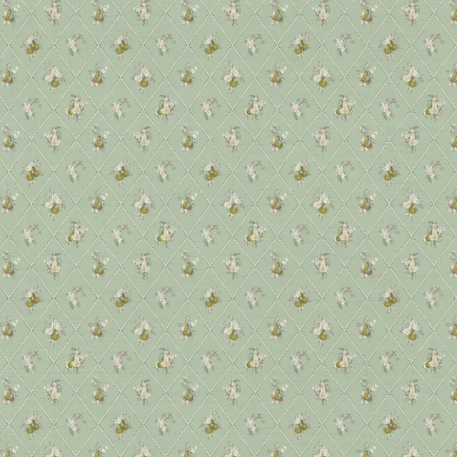 Soft sage green patterned fabric with diamond lattice and tiny floral sprigs