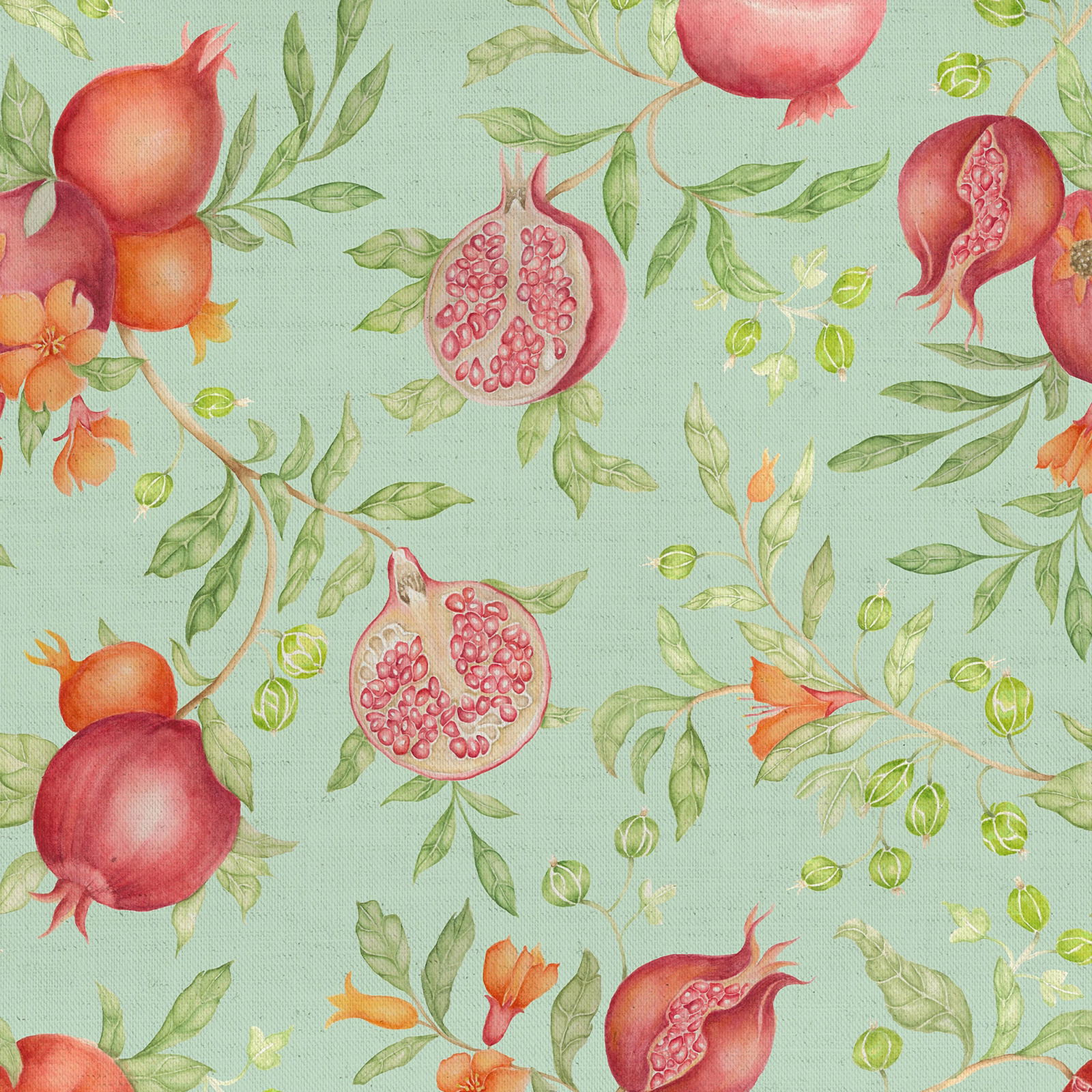Pomegranate and leaf print on a mint green cotton-linen fabric swatch