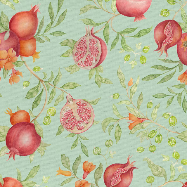 Pomegranate and leaf print on a mint green cotton-linen fabric swatch