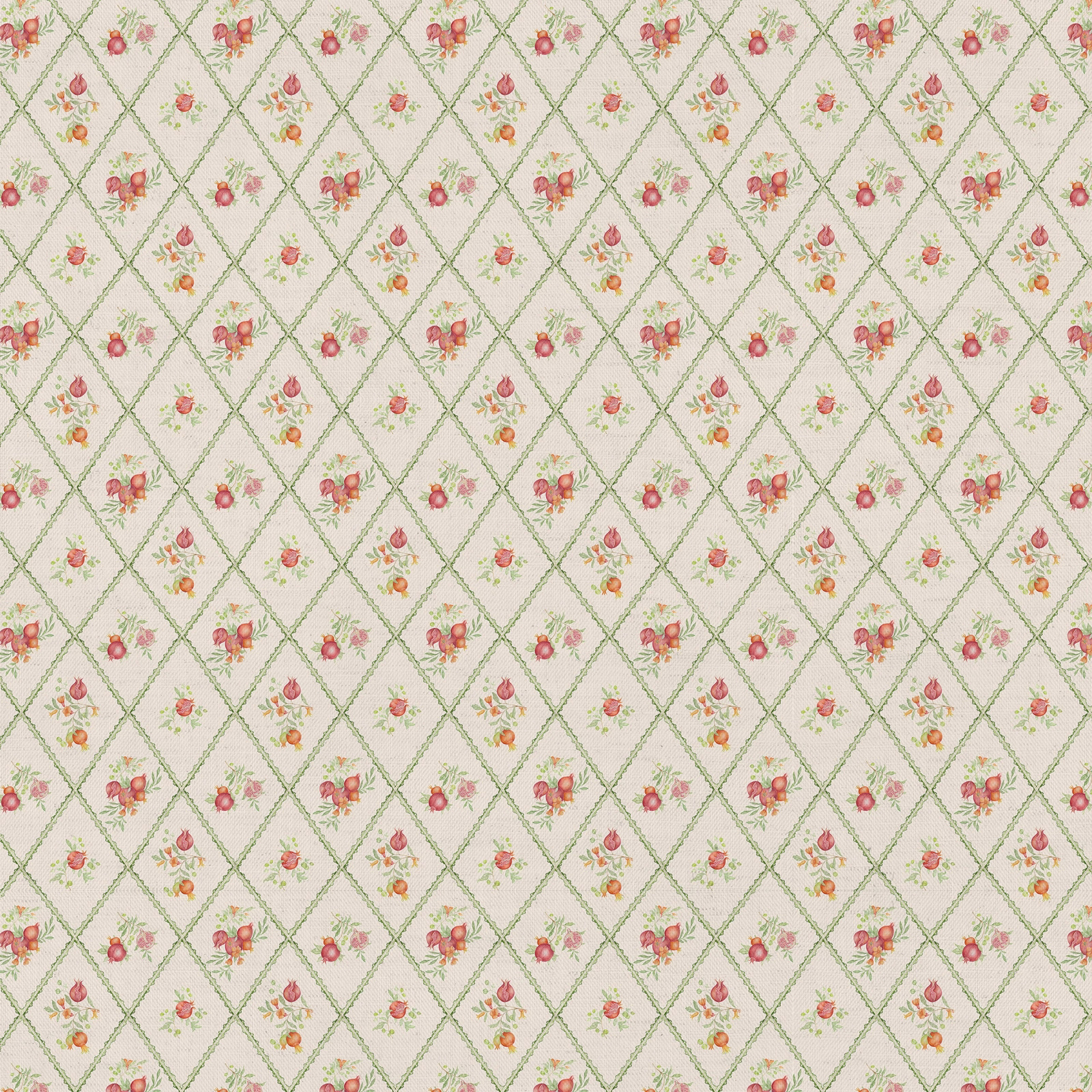 Cream fabric swatch with green diamond trellis and tiny pomegranate sprigs