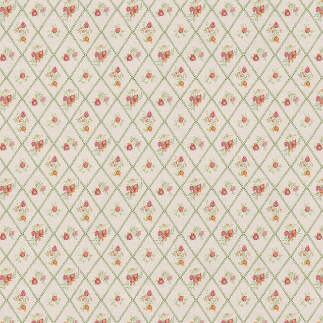 Cream fabric swatch with green diamond trellis and tiny pomegranate sprigs
