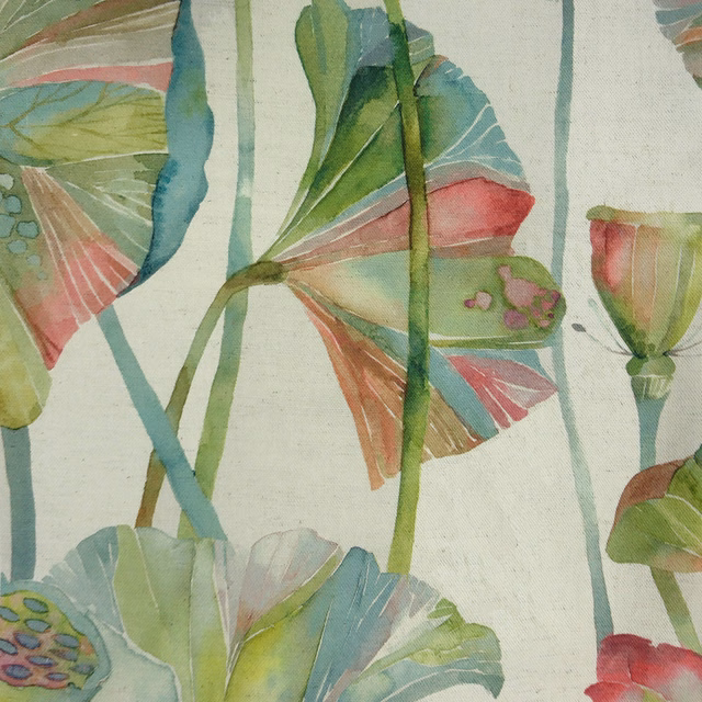 Large painterly botanical print in sage, aqua, coral and blush on a pale ground