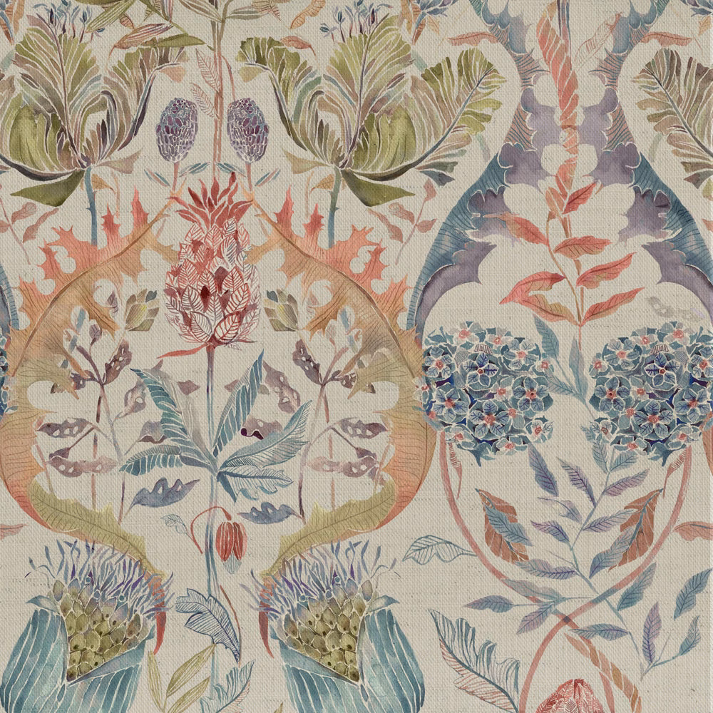 Pastel botanical fabric swatch with large arch motifs and layered foliage