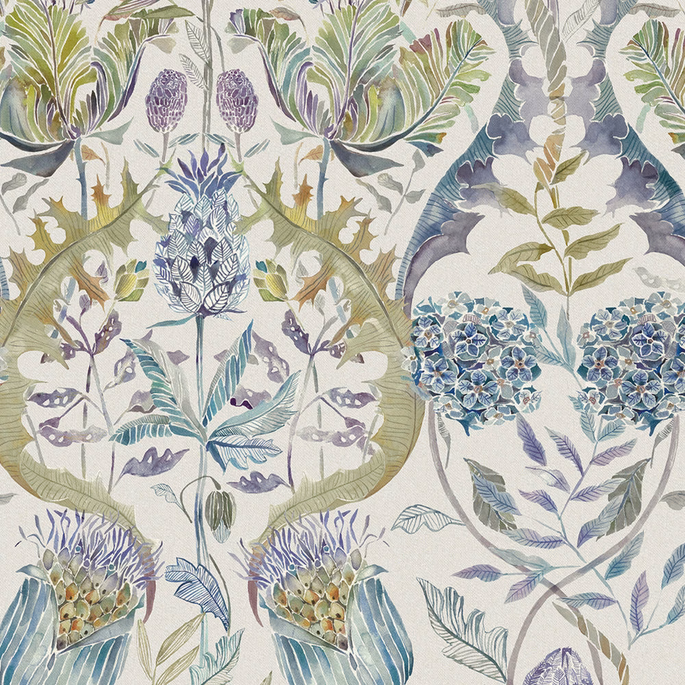 Painterly botanical fabric in soft purple, blue and sage on an ivory ground