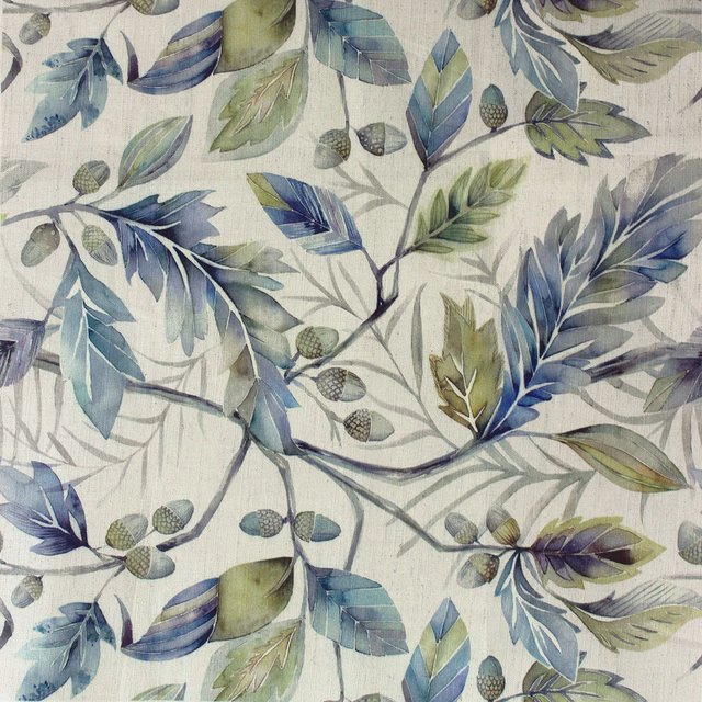 Painterly blue and sage botanical leaves with acorn motifs on a pale ground