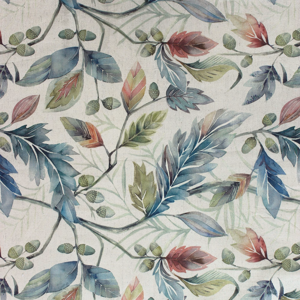 Painterly botanical fabric with sage, blue and blush leaves on an ivory ground