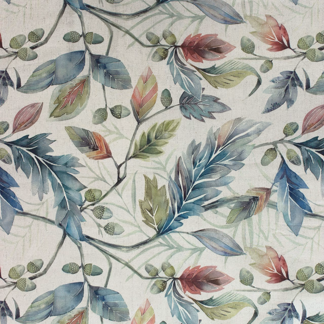 Painterly botanical fabric with sage, blue and blush leaves on an ivory ground