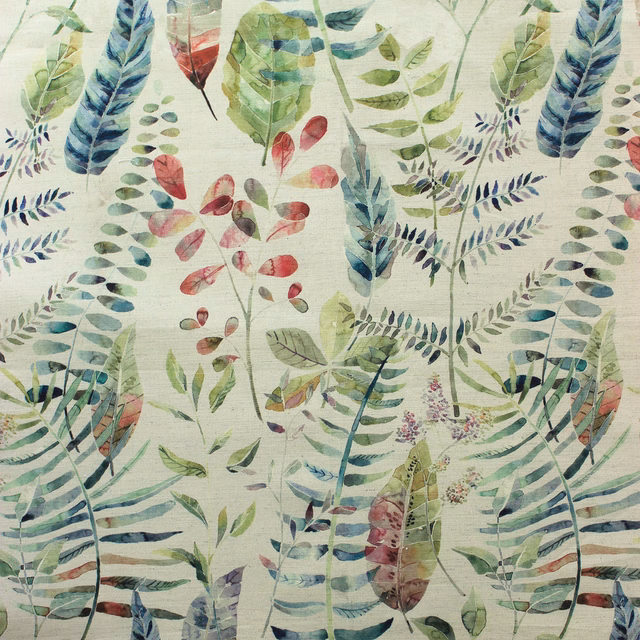 Painterly botanical fabric with coral leaves, teal fronds and a pale ground