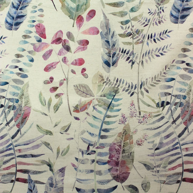 Painterly botanical fabric with lilac, plum and blue-green leaves on a pale ground